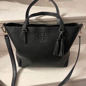 Large black pebble leather Tory Burch tote. Shoulder straps and crossbody strap.
